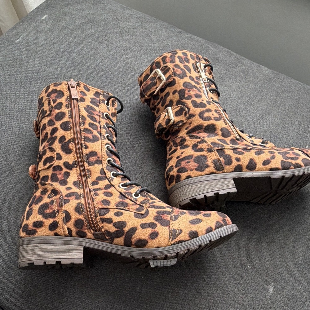 Forever Women's Leopard Print Combat Mid-Calf Boots Lace Up Zipper Buckle 7